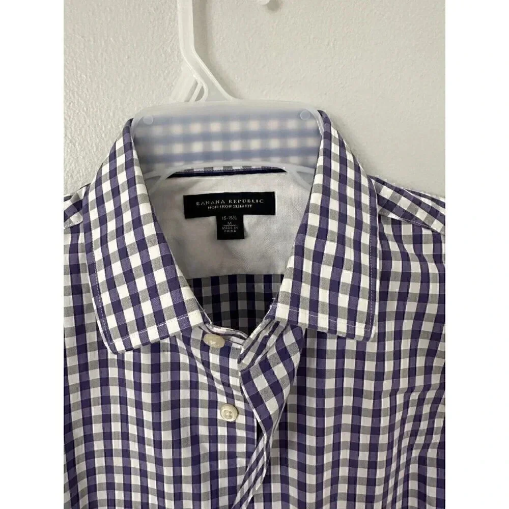 BANANA REPUBLIC Mens Slim Fit Long Sleeve Purple White Checked Shirt Sz Medium